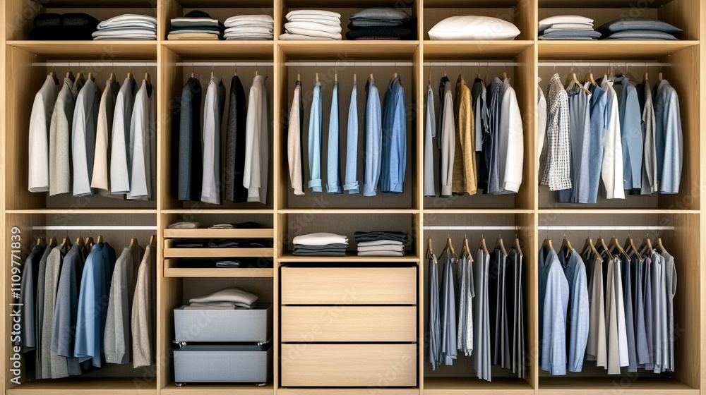 Organized Modern Walk in Closet with Neutral Clothes Organized Modern Walk in Closet with Neutral Clothes