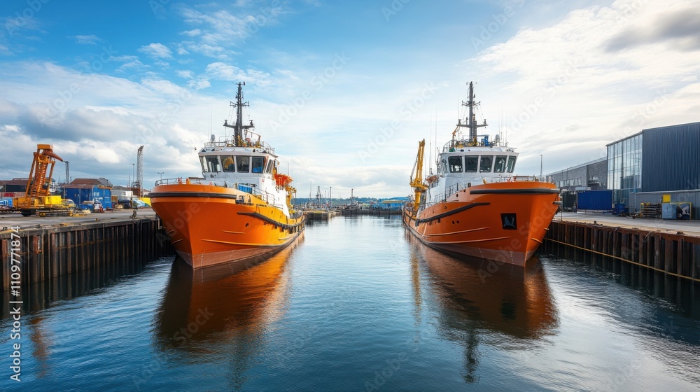 Two Bright Orange Fishing Vessels Docked in a Tranquil Harbor with Blue Sky and Reflections in Calm Water, Showcasing Industrial Marine Activity and Seafaring Lifestyle Two Bright Orange Fishing Vessels Docked in a Tranquil Harbor with Blue Sky and Reflections in Calm Water, Showcasing Industrial Marine Activity and Seafaring Lifestyle