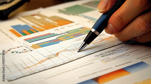 Close-up of hand analyzing financial charts and graphs with pen.