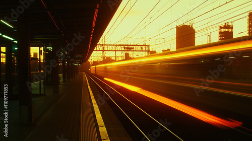 Fast Train at Sunset  Urban Railway Station Platform