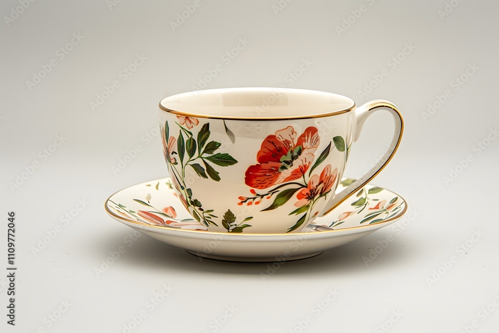 Elegant floral teacup and saucer set. The delicate design features red and orange blossoms on a creamy background. Perfect for a relaxing afternoon tea. Elegant floral teacup and saucer set. The delicate design features red and orange blossoms on a creamy background. Perfect for a relaxing afternoon tea.