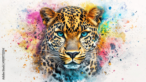 Majestic Leopard Portrait  Colorful Watercolor Splash Art photo