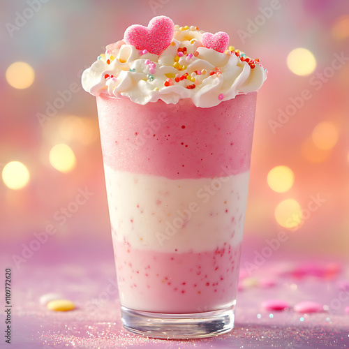 Smoothie topped with whipped cream and heart-shaped dessert