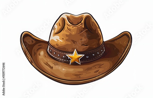 A classic brown cowboy hat with a gold star, perfect for adding a touch of the Wild West to your designs.