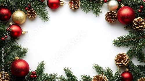 A Christmas frame made of spruce and red & gold decorations on a white background, with space for custom text.