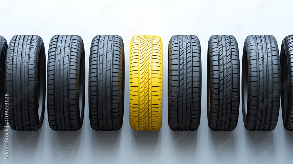 Unique Yellow Car Tire Among Black Tires Automotive Parts Replacement Repair Road Safe Unique Yellow Car Tire Among Black Tires Automotive Parts Replacement Repair Road Safe