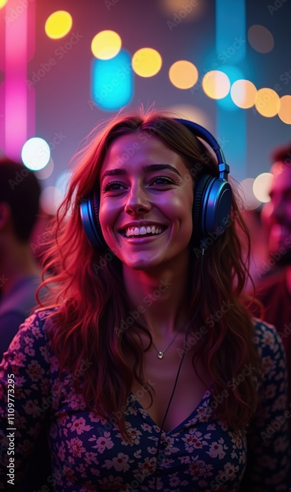 A joyful young woman enjoying a vibrant music festival, wearing headphones and surrounded by colorful lights, showcasing the excitement of live music experiences. A joyful young woman enjoying a vibrant music festival, wearing headphones and surrounded by colorful lights, showcasing the excitement of live music experiences.