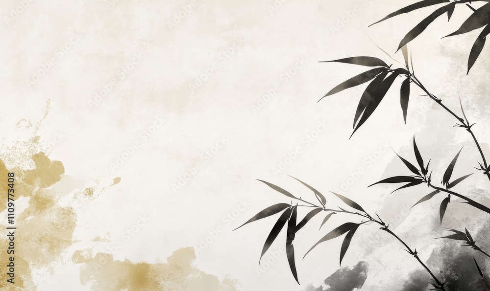 Minimalist Chinese ink painting of bamboo leaves in the lower right corner on a light beige background, featuring a light gray and dark gold color scheme. Minimalist Chinese ink painting of bamboo leaves in the lower right corner on a light beige background, featuring a light gray and dark gold color scheme.
