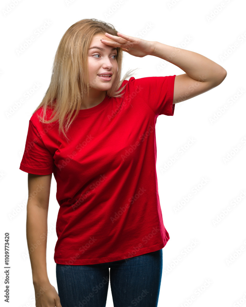 Young caucasian woman over isolated background very happy and smiling looking far away with hand over head. Searching concept. Young caucasian woman over isolated background very happy and smiling looking far away with hand over head. Searching concept.