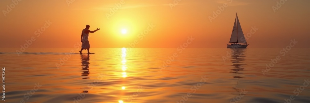 Fototapeta premium A serene sunset over calm waters, featuring a person gesturing toward the horizon and a sailboat in the background, perfect for relaxation, travel, or inspiration themes.