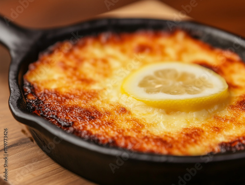 Saganaki cheese with crispy crust and lemon garnish