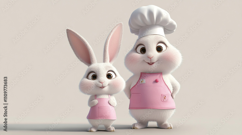 Adorable Cartoon Rabbits Baking Cute Bunny Chefs in Pink Aprons Adorable Cartoon Rabbits Baking Cute Bunny Chefs in Pink Aprons