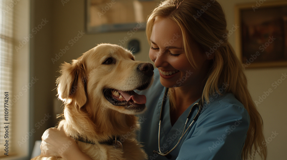 Happy Golden Retriever Dog with Veterinarian Happy Golden Retriever Dog with Veterinarian