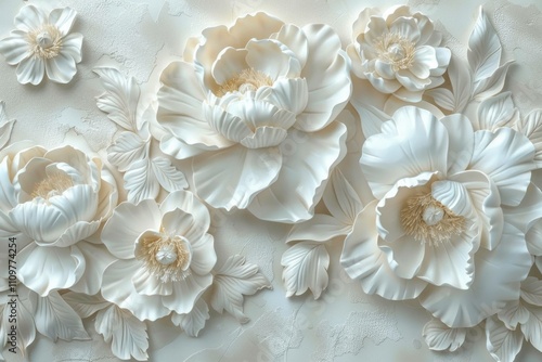 Elegant white floral relief sculpture featuring peonies, showcasing intricate details and texture, ideal for home decor or artistic inspiration.