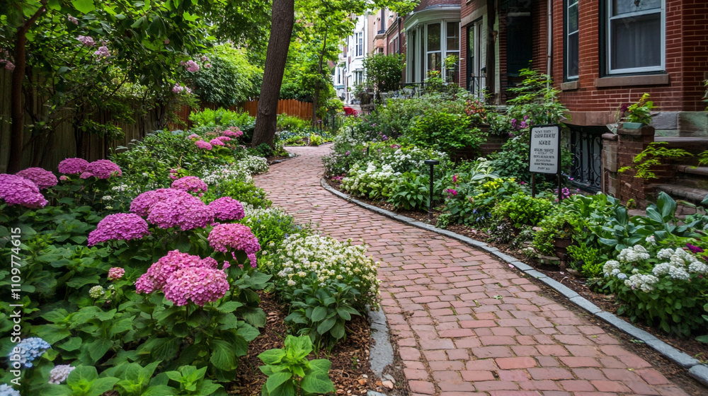 Brick Pathway Garden Hydrangeas Flowers Landscaping Spring Summer Neighborhood Urb Brick Pathway Garden Hydrangeas Flowers Landscaping Spring Summer Neighborhood Urb