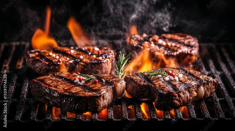 Grilled steaks sizzling on a barbecue with flames and herbs. Grilled steaks sizzling on a barbecue with flames and herbs.