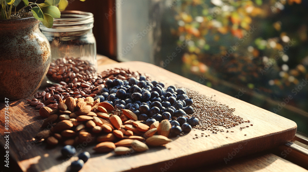 Healthy Superfoods Almonds Flax Seeds Chia Seeds Blueberries Healthy Superfoods Almonds Flax Seeds Chia Seeds Blueberries