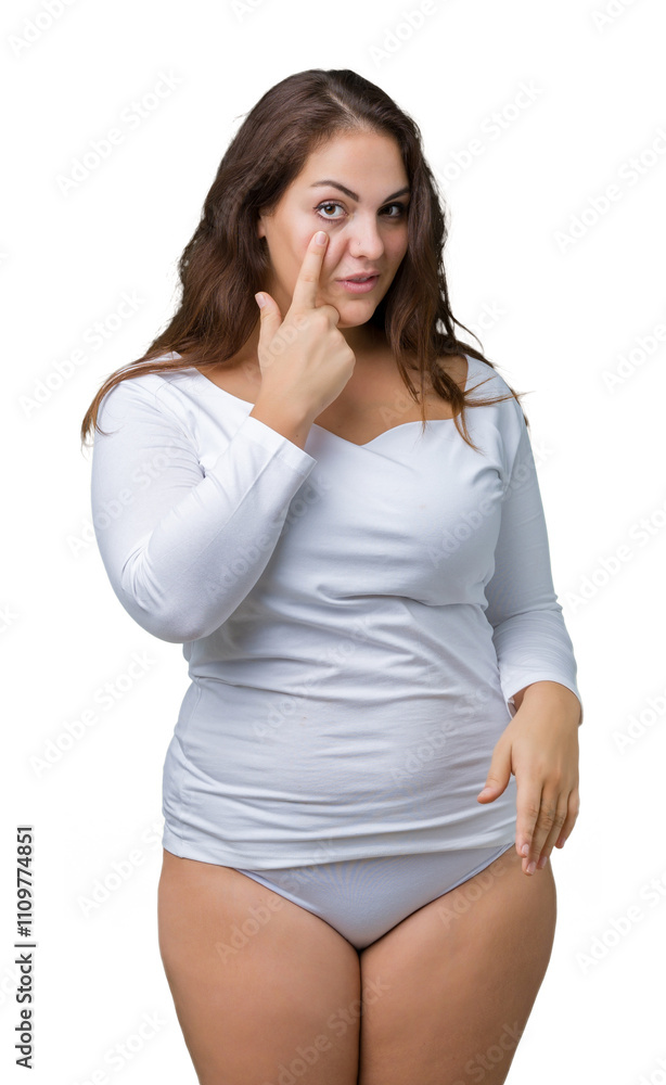 Beautiful plus size young overwight woman wearing white underwear over isolated background Pointing to the eye watching you gesture, suspicious expression Beautiful plus size young overwight woman wearing white underwear over isolated background Pointing to the eye watching you gesture, suspicious expression