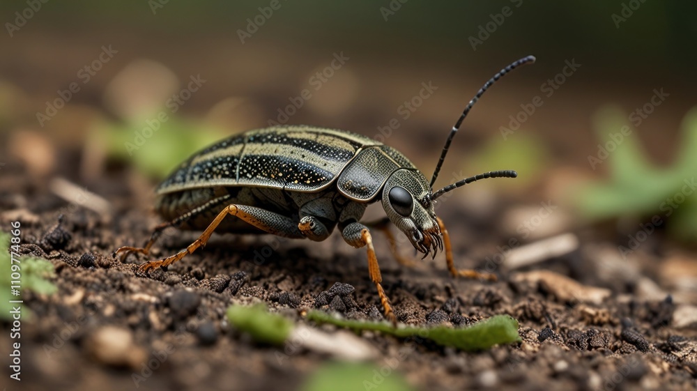 Close-up of a striped beetle crawling on soil. Close-up of a striped beetle crawling on soil.