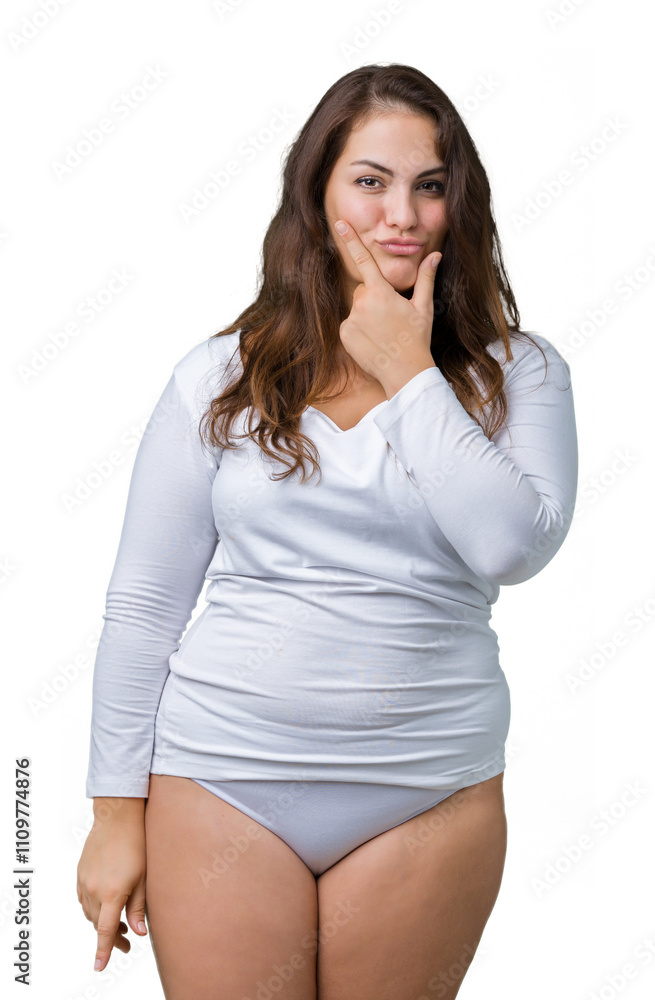 Beautiful plus size young overwight woman wearing white underwear over isolated background looking confident at the camera with smile with crossed arms and hand raised on chin. Thinking positive. Beautiful plus size young overwight woman wearing white underwear over isolated background looking confident at the camera with smile with crossed arms and hand raised on chin. Thinking positive.