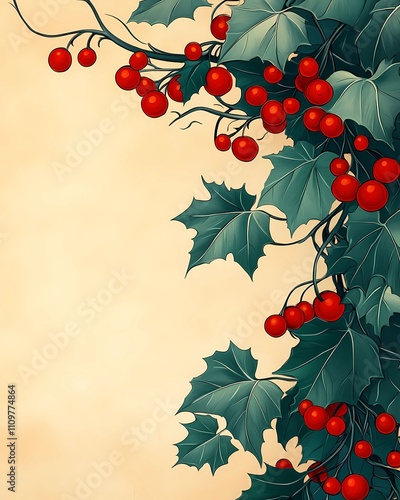 Art Nouveau Style Greeting Card with Green Holly Leaves, Red Berries, and Beige Background photo