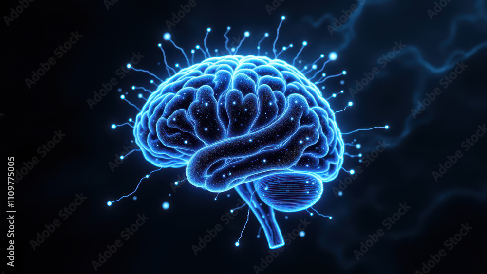 A digital rendering of a human brain with electric sparkles emanating from its top center. A digital rendering of a human brain with electric sparkles emanating from its top center.