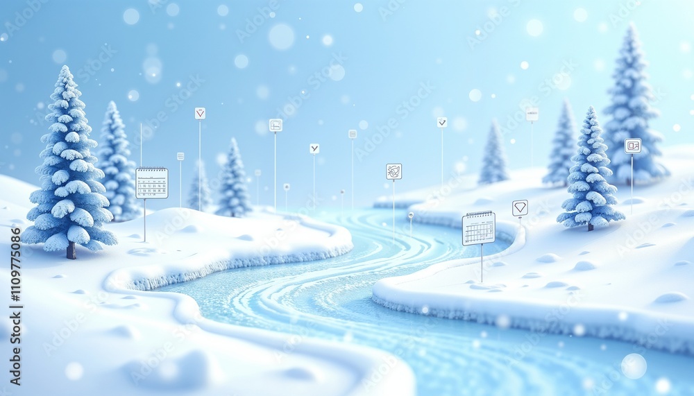 Fototapeta premium Digital Winter River Calendar Design in Serene Blue and White Tones for Planning Applications