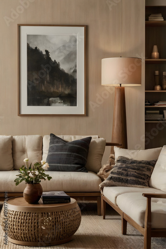 Cozy Contemporary Living Room with Vertical Poster Frame Beige Sectional Sofa Round Wooden Coffee Table and Soft Lighting