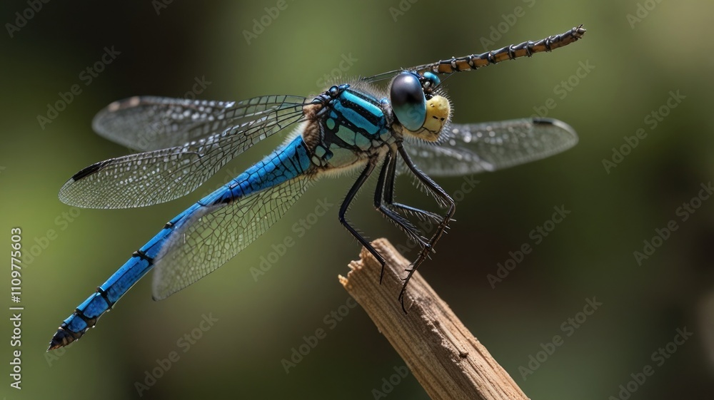 Vibrant blue dragonfly perched on twig. Vibrant blue dragonfly perched on twig.