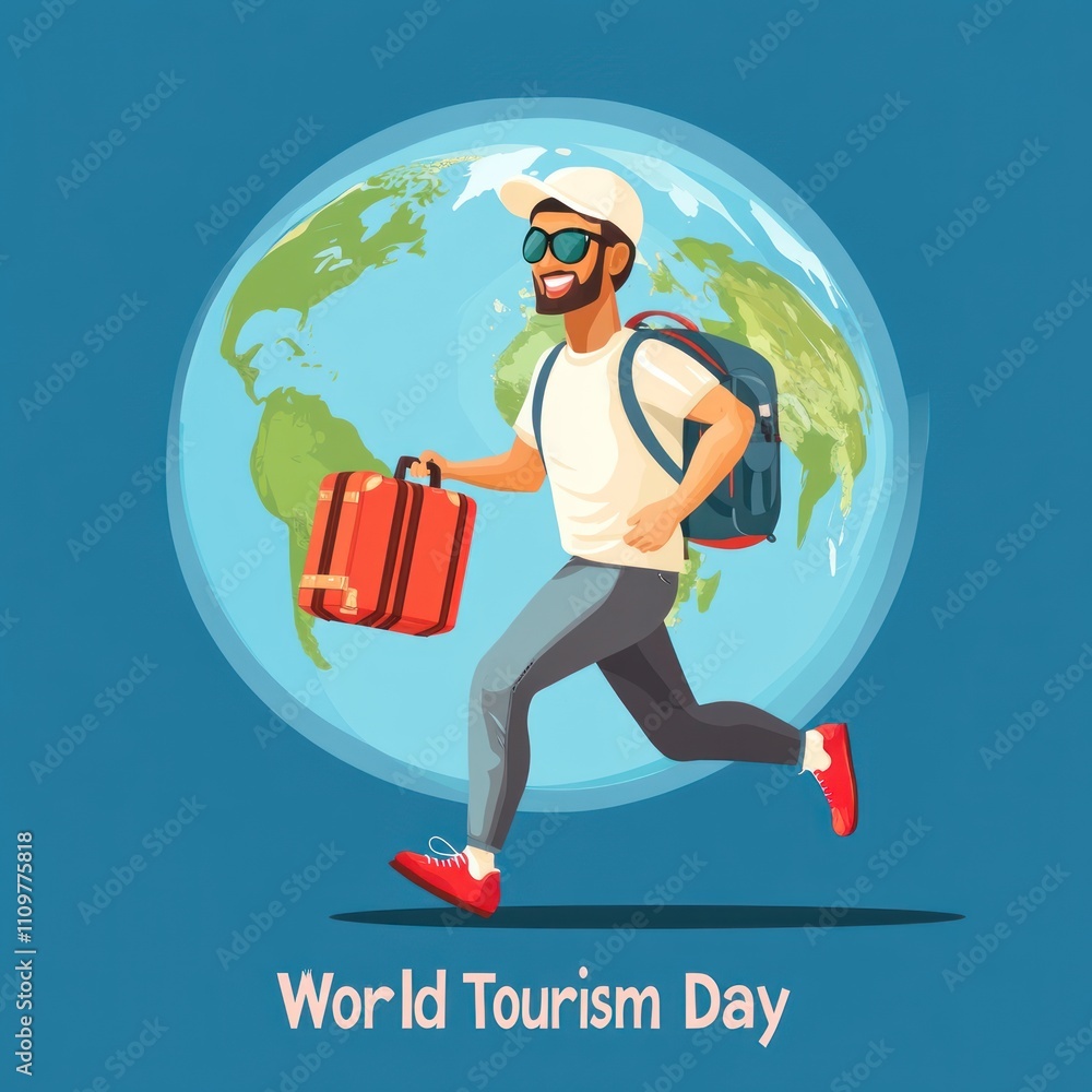 Happy man running with luggage, celebrating World Tourism Day. Happy man running with luggage, celebrating World Tourism Day.