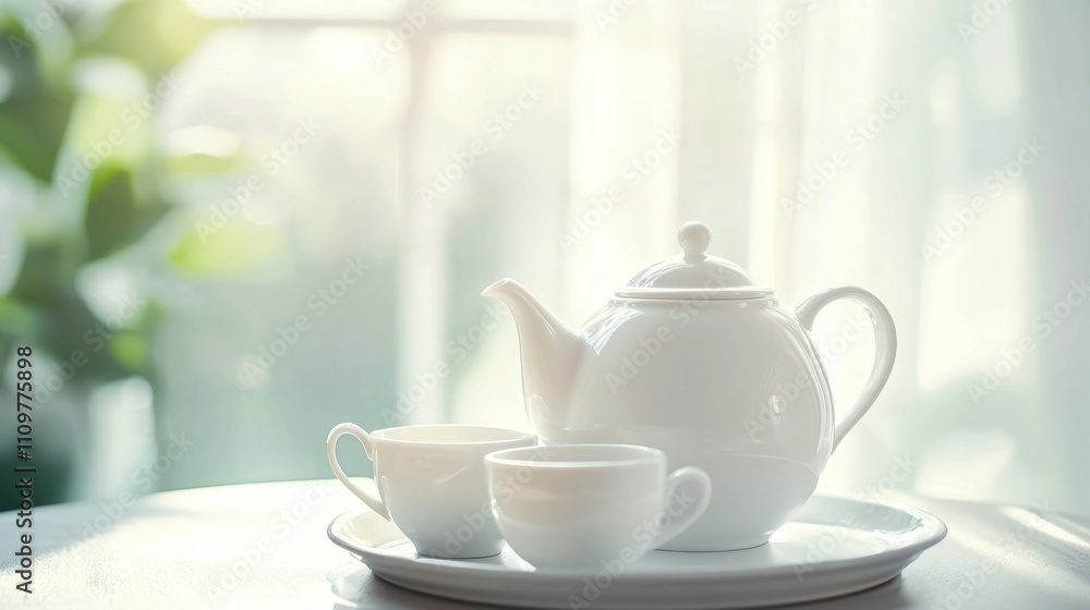 Serene Morning Tea Set by Sunlit Window, Peaceful Atmosphere Serene Morning Tea Set by Sunlit Window, Peaceful Atmosphere