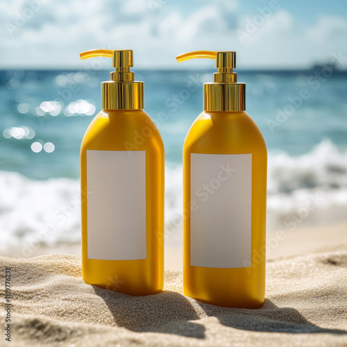 Sunscreens in yellow blank bottles with blank mock up labels on the sandy beach photo