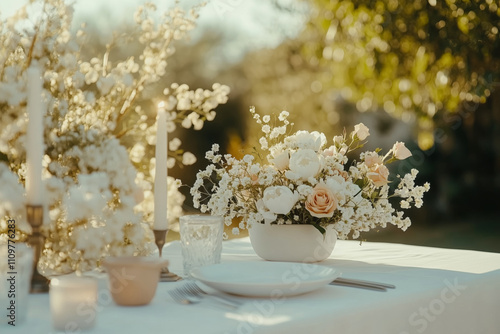 Beautifully set outdoor table with bouquet of white flowers photo