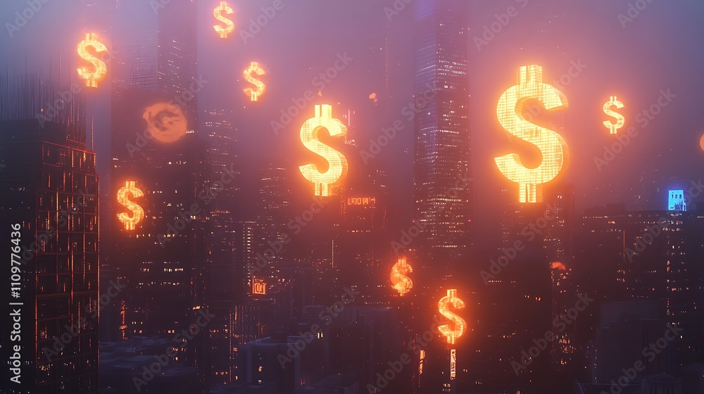 Glowing dollar signs float over a futuristic cityscape at night, symbolizing financial success and global economics. Glowing dollar signs float over a futuristic cityscape at night, symbolizing financial success and global economics.
