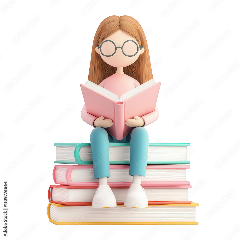 A girl reading a book while sitting on a stack of colorful books., isolated on a transparent background. A girl reading a book while sitting on a stack of colorful books., isolated on a transparent background.