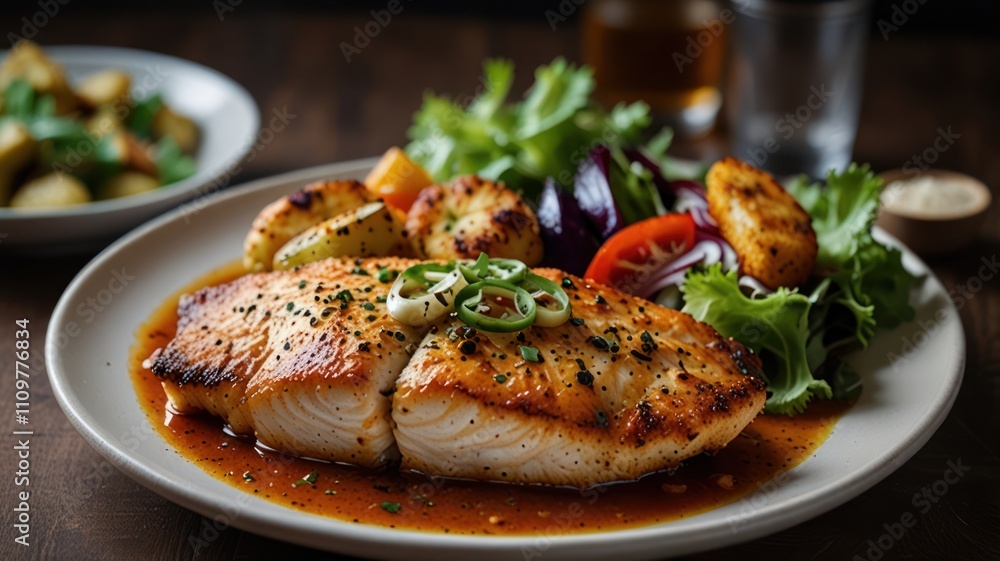 Pan-Seared Fish with Roasted Potatoes and Salad Pan-Seared Fish with Roasted Potatoes and Salad