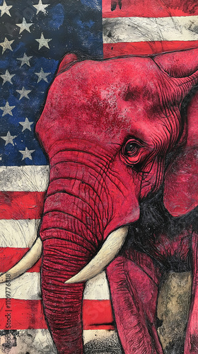 Modern abstract Republican elephant American flag red white stars stripes artistic bold political art distressed USA patriotic colors digital artistic digital design campaign marketing wallpaper photo