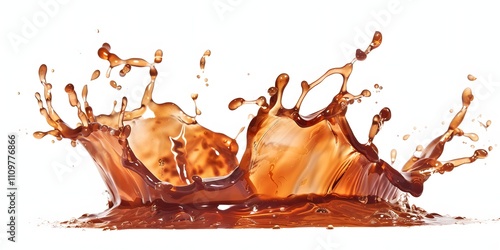 A splash of cola explodes against a white background, creating a dynamic and visually appealing image. The rich brown color contrasts beautifully with the white backdrop.  photo