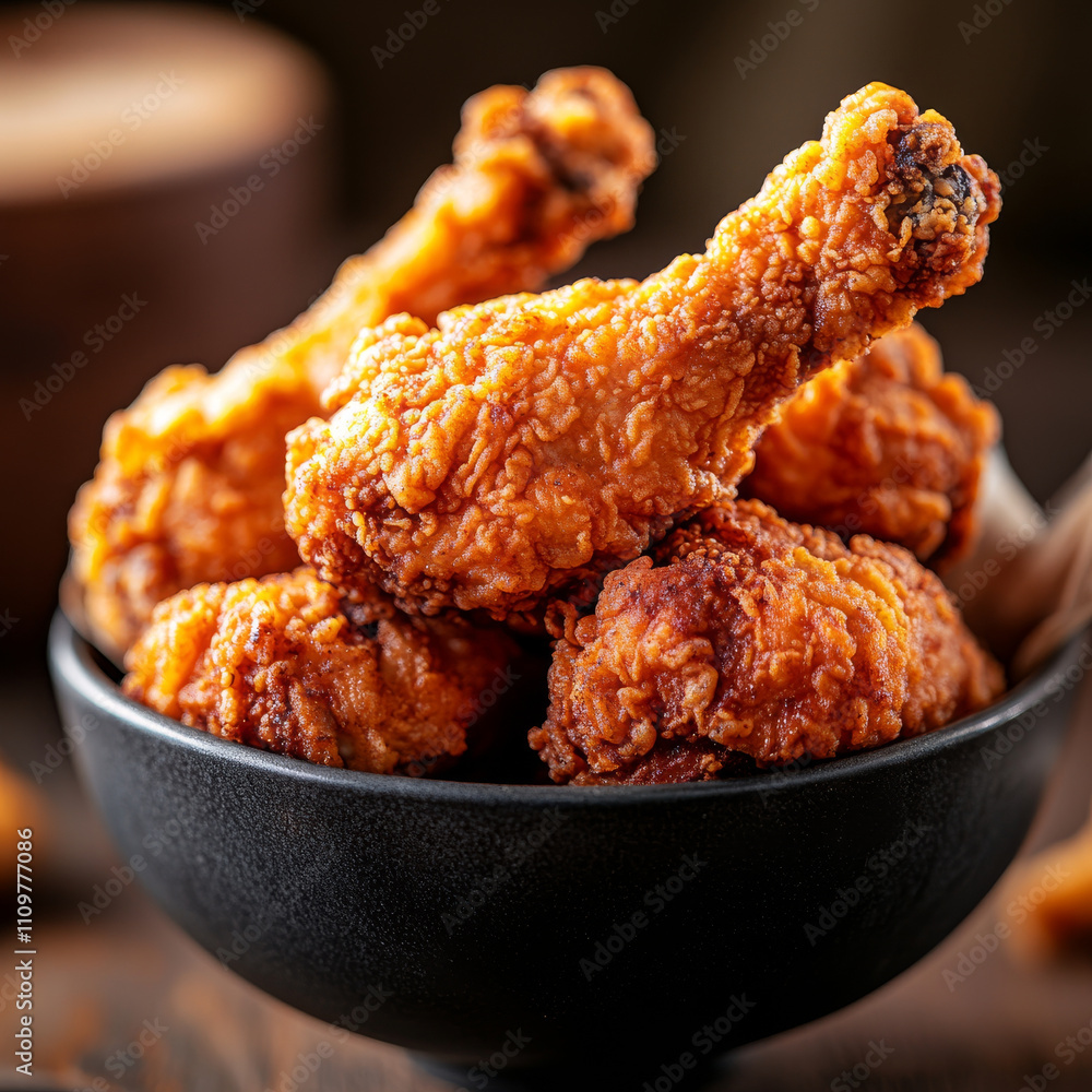 Crispy fried chicken with golden brown coating in bowl. Crispy fried chicken with golden brown coating in bowl.