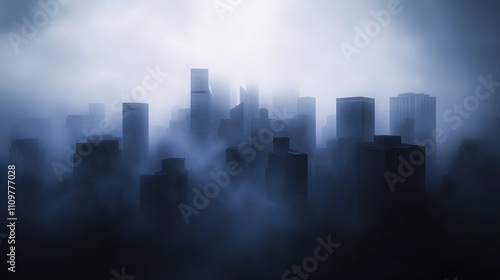 Mysterious city skyline shrouded in dense fog.