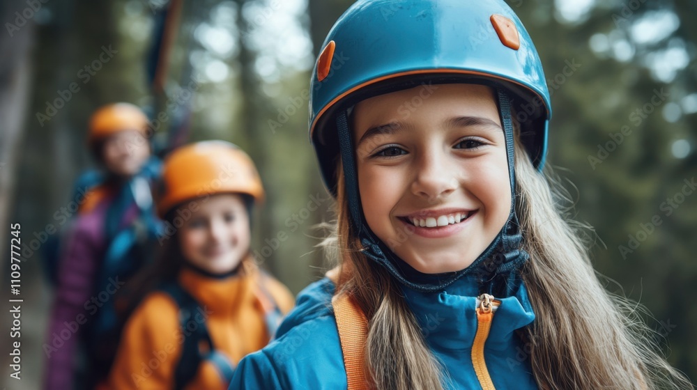 Happy young girl in helmet smiles while preparing for outdoor adventure with friends in forest setting Happy young girl in helmet smiles while preparing for outdoor adventure with friends in forest setting