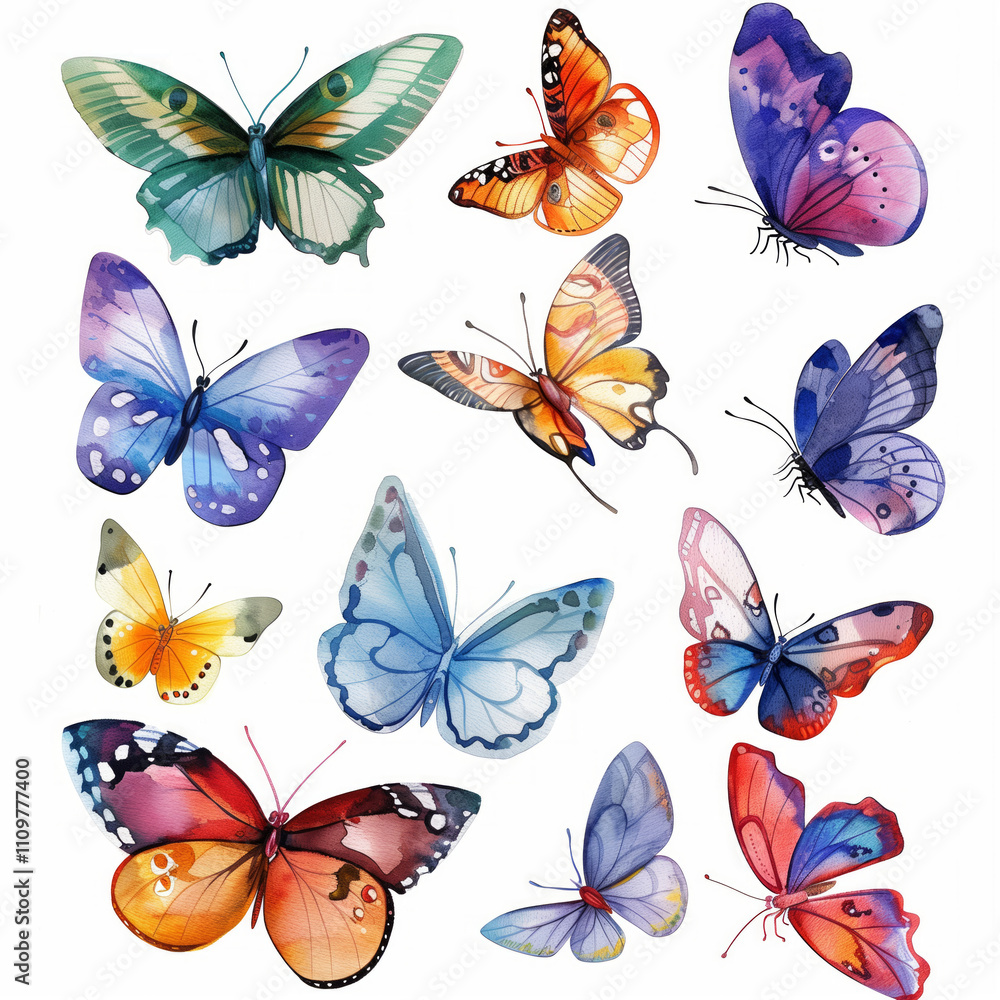 A collection of variously colored butterflies resting on a white background A collection of variously colored butterflies resting on a white background