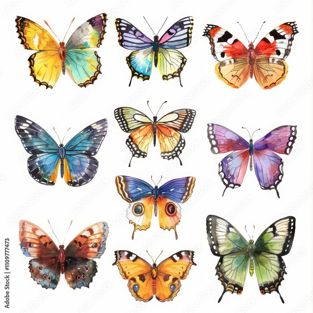 A collection of variously colored butterflies resting on a white background A collection of variously colored butterflies resting on a white background