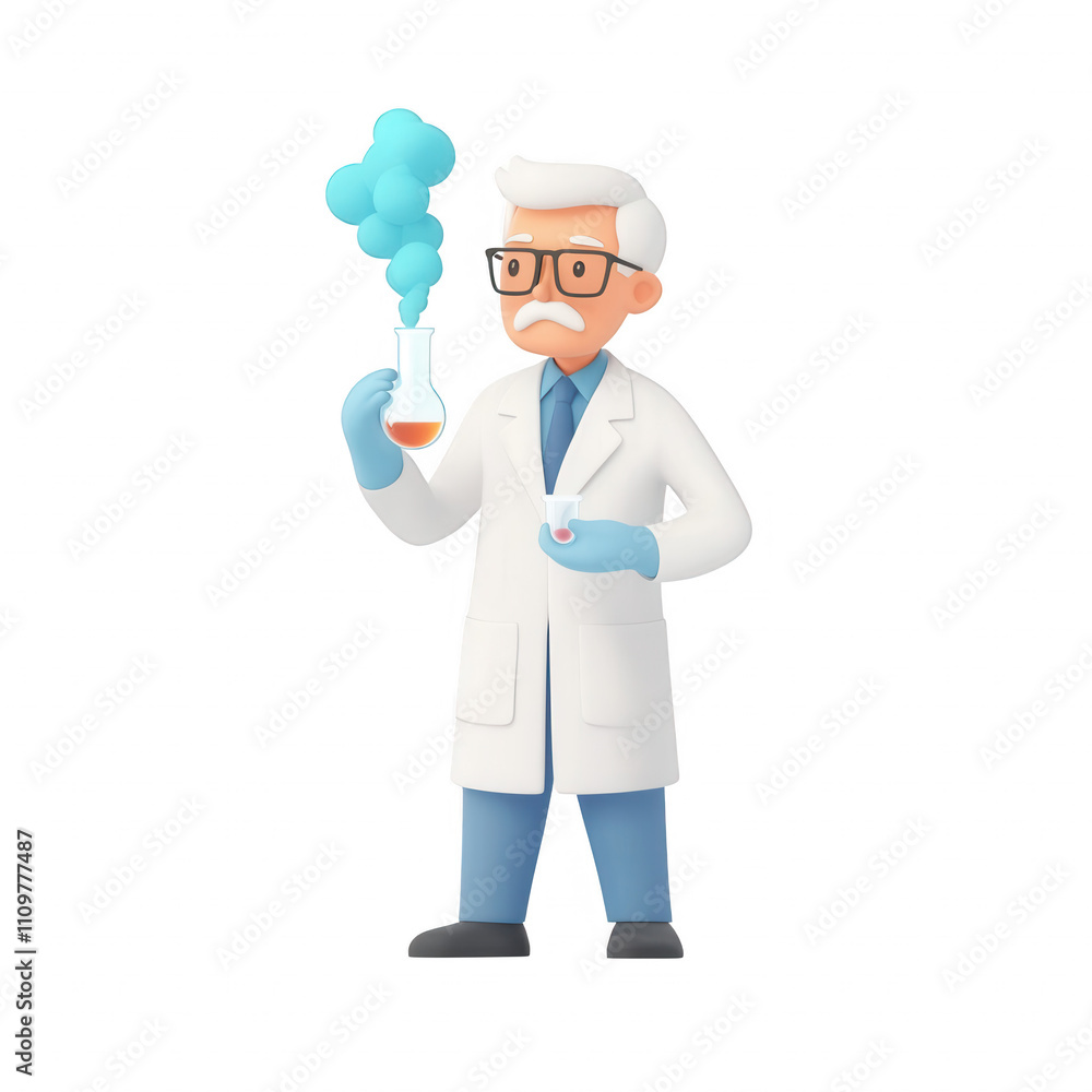An animated scientist holding a flask with blue vapor, showcasing chemistry exploration., isolated on a transparent background. An animated scientist holding a flask with blue vapor, showcasing chemistry exploration., isolated on a transparent background.