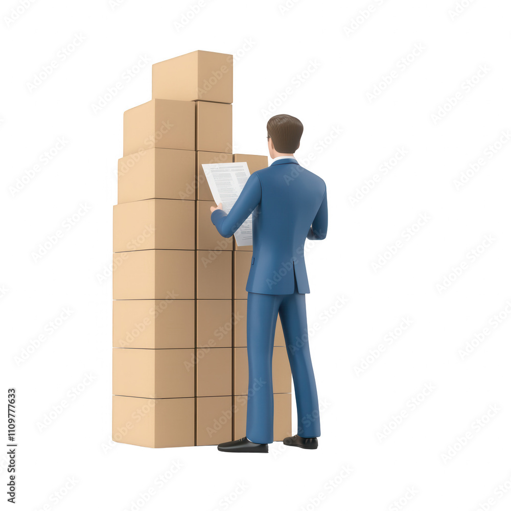 Businessman analyzes stacked boxes for efficient supply chain management., isolated on a transparent background. Businessman analyzes stacked boxes for efficient supply chain management., isolated on a transparent background.