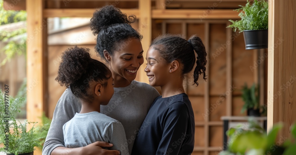 A mother smiles while hugging her two daughters tightly, creating a joyful atmosphere in their cozy living room with plants A mother smiles while hugging her two daughters tightly, creating a joyful atmosphere in their cozy living room with plants