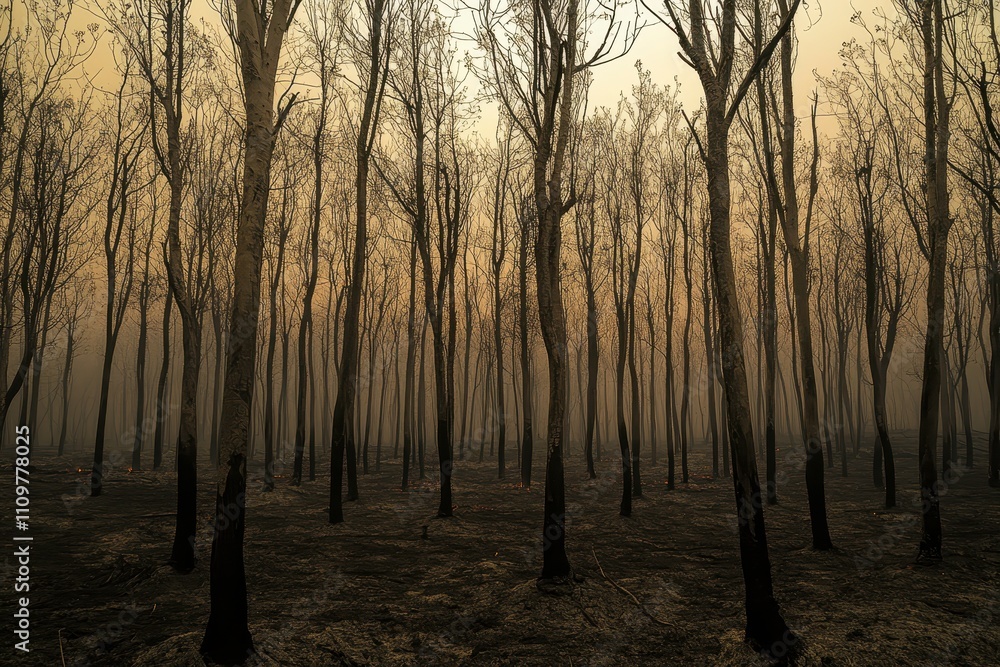 Eerie Landscape of Burnt Forest with Silhouetted Trees in Smoky Atmosphere During Dusk, Evoking a Sense of Loss and Environmental Impact of Wildfire Eerie Landscape of Burnt Forest with Silhouetted Trees in Smoky Atmosphere During Dusk, Evoking a Sense of Loss and Environmental Impact of Wildfire