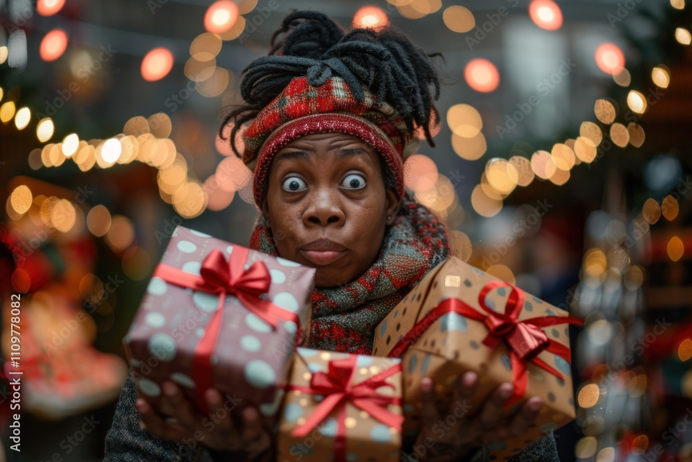 Fototapeta premium Woman looks confused and surprised while holding multiple wrapped gifts at a vibrant Christmas market filled with festive lights