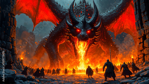 a mighty dragon with glowing red eyes and fiery breath, confronting a group of armored warriors in a dramatic, fiery scene. The dragon is surrounded by rocky formations, and the warr photo