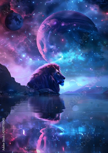 Majestic lion silhouetted against a vibrant, cosmic backdrop.  A surreal dreamscape of purples and blues.